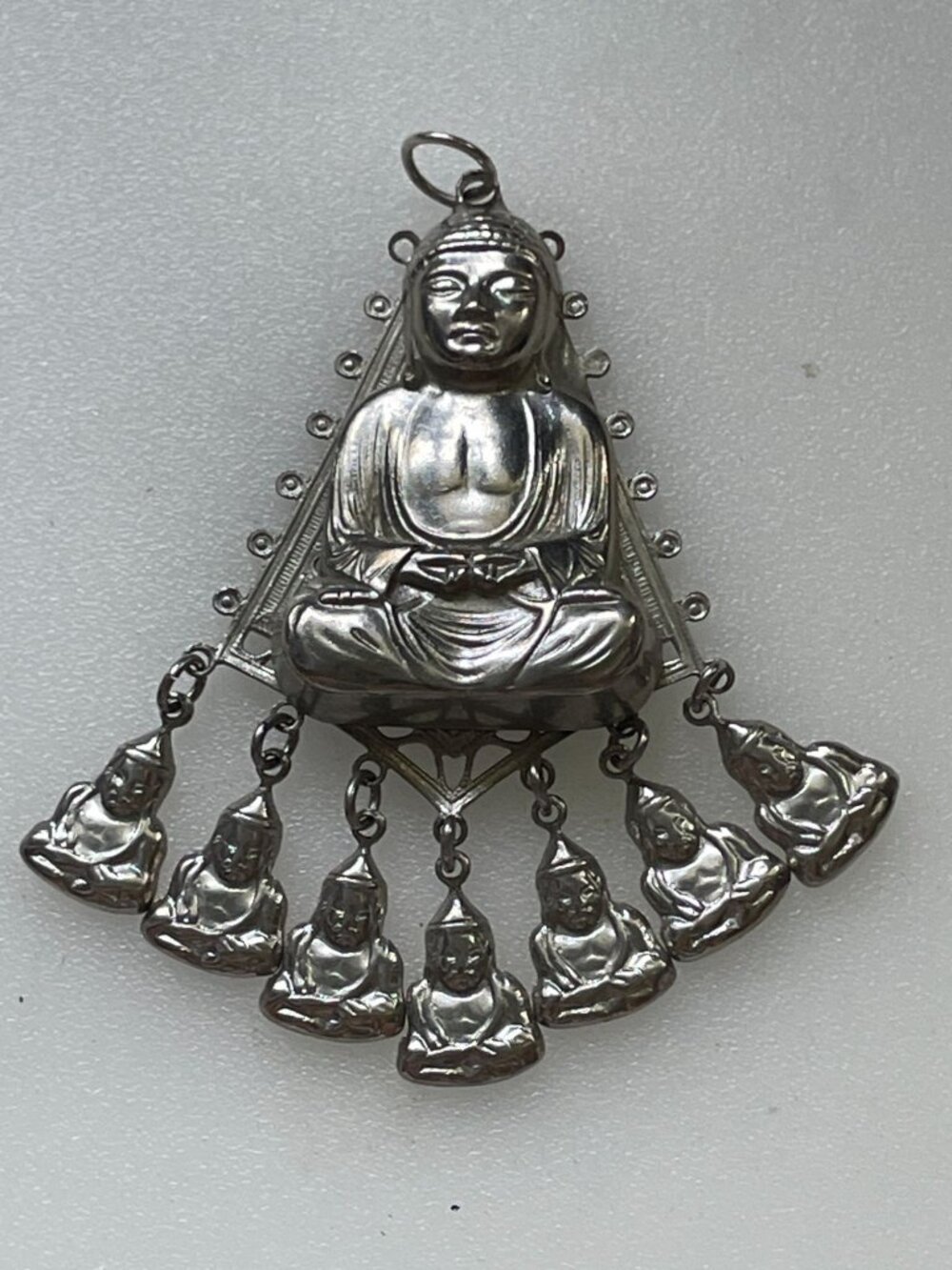 Vintage Repousse Seated Buddha Chandelier Pendant Six Hanging Charms Silver